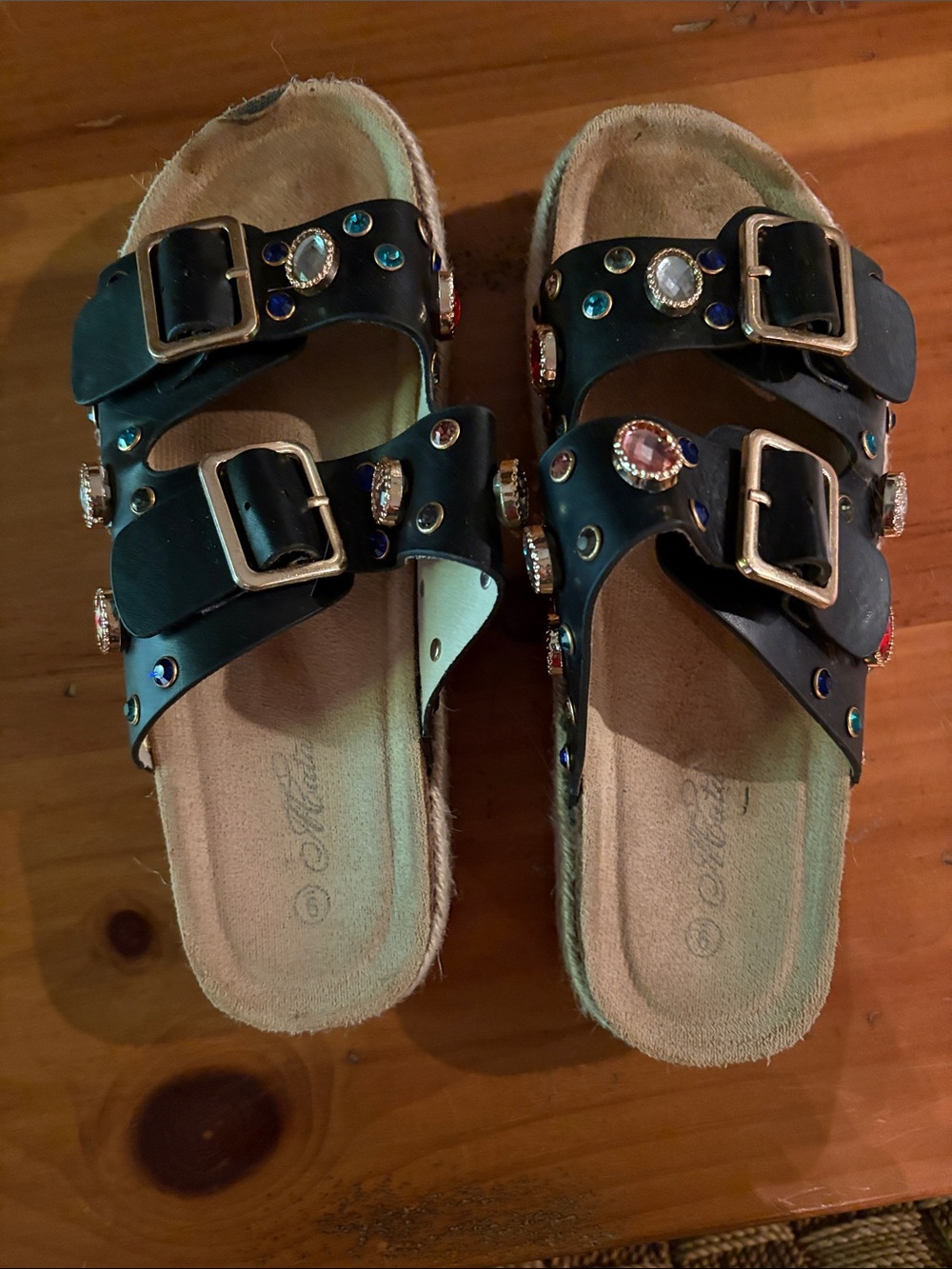 Black Jeweled Double-Buckle Slide Sandals